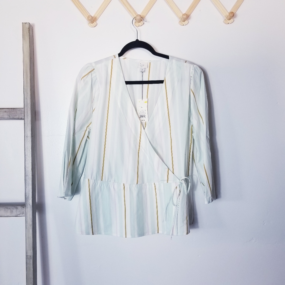NWT A NEW DAY BLOUSE TIES ON SIDE WHITE BLUE PINK BROWN PUFFED SLEEVES SIZE XL